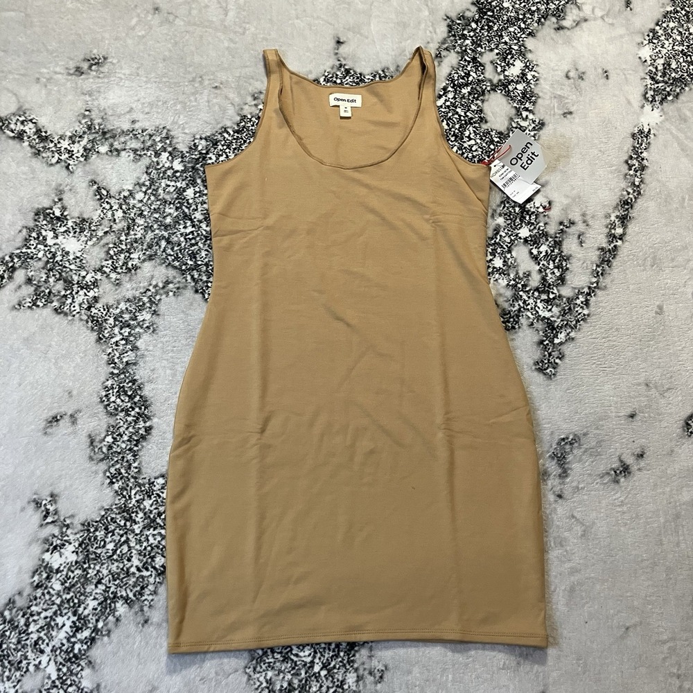 Open Edit Tank Dress Womens Size Medium‎ Tan Cartouche Raw Edge Basic